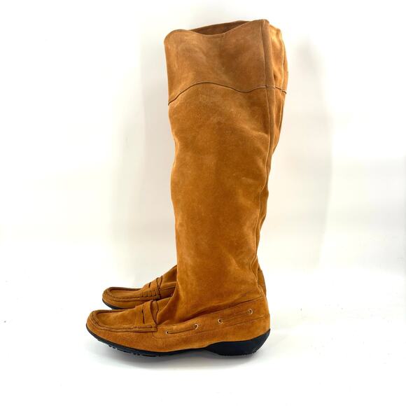 Lavorazione Artiginale Tall Loafer Boots 8.5 Suede Tan Knee High Prep Italy - Picture 1 of 5